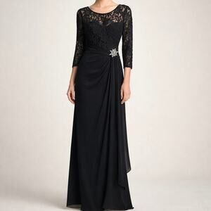 Cindy Black Lace Formal Evening Gown Size M Sequin Bodice Rhinestone Stretch